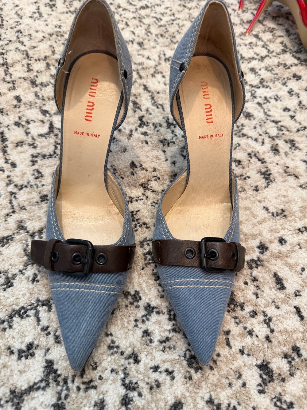 Miu Miu Denim Pointed-Toe Slingback Pumps with Brown Buckle